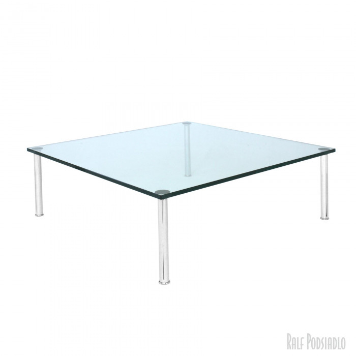 Couchtisch - Glastisch auf Maß 90x90cm, Fußgleiter - Ringe - Edelstahl poliert