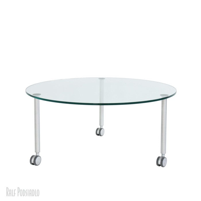 Couchtisch, runde Glasplatte, drei Tischbeine, Rollen, Höhe nach Maß