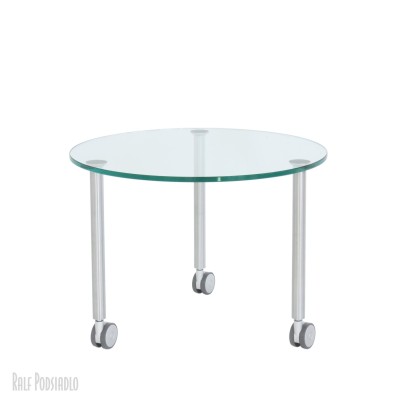 Beistelltisch D60cm, Glasplatte rund, 3 Tischbeine, Rollen, Höhe auf Maß